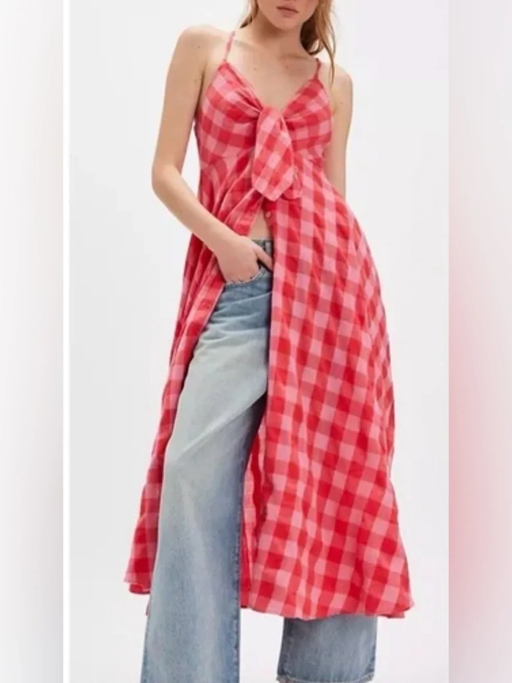 Free People Via Midi Dress In a Bohemian Red Gingham Print Size Small NWT - Picture 1 of 13